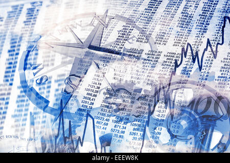 Share prices, charts, compass and gears as a symbol for the development of the market. Stock Photo