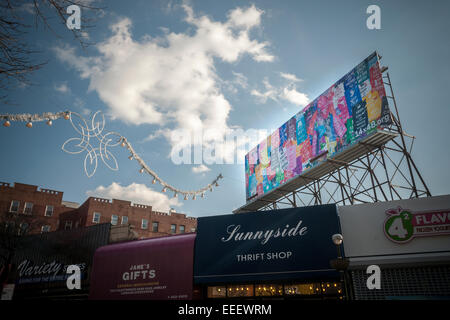 New York, USA. 16th Jan, 2015. The 'Keep Calm Billboard' in Sunnyside, Queens in New York is seen on Friday, January 16, 2015. The billboard by the artist Margeaux Walter displays an assortment of reworked versions of the ubiquitous 'Keep Calm and Carry On' British Stationary Office slogan from WWII. The billboard is the seventh campaign of the 14X48 organization which repurposes vacant billboards turning them into public art galleries. © Richard Levine/Alamy Live News Stock Photo