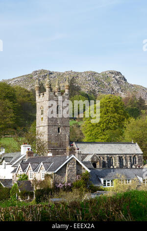 Sheeps Tor church and village with Sheepstor behind, Dartmoor National Park Devon Uk Stock Photo