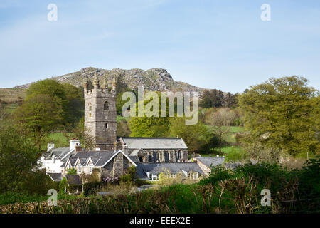 Sheeps Tor church and village with Sheepstor behind, Dartmoor National Park Devon Uk Stock Photo