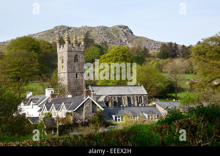 Sheeps Tor church and village with Sheepstor behind, Dartmoor National Park Devon Uk Stock Photo