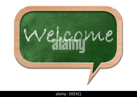 Welcome written on a Blackboard in speech bubble shape with wooden frame, isolated on white backround Stock Photo