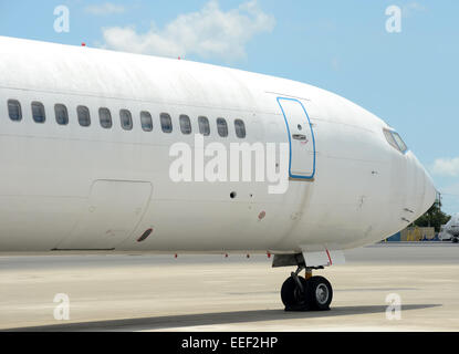 Old passenger jet airplane view of nose Boeing 727 Stock Photo