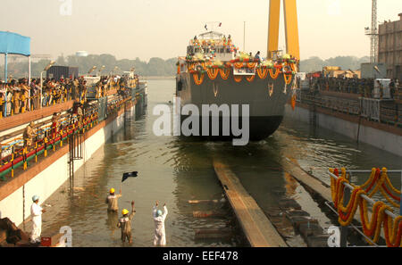 Kolkata, West Bengal, India. 16th Jan, 2015.  The third ship of the Landing Craft Utility (LCU) Mk IV project, Yard 2094, for the Indian Navy launching at an impressive ceremony at Garden Reach Shipbuilders and Engineers Ltd (GRSE), where Vice Admiral Sunil Lanba, Vice Chief of the Naval Staff and Smt. Reena Lanba attended ( not seen ) Credit:  Bhaskar Mallick/Pacific Press/Alamy Live News Stock Photo