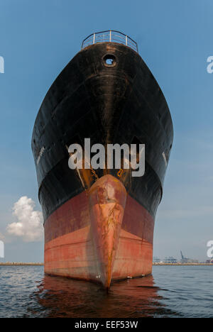 Front side of general cargo ship Amanna Gappa is photographed on the turning basin of Port of Jakarta in Tanjung Priok, Jakarta, Indonesia. Stock Photo