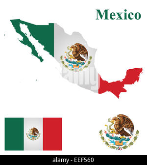 Flag of the United Mexican States overlaid on detailed outline map isolated on white background Stock Photo