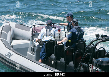 NSW Sydney police officers patrolling the harbour during the start of the Sydney to hobart 2014 yacht race,Australia Stock Photo