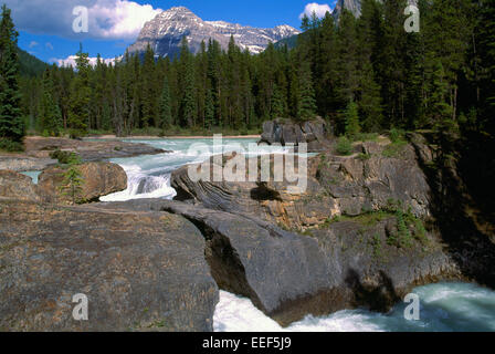 Yoho National Park, Canadian Rockies, BC, British Columbia, Canada - Natural Bridge over Kicking Horse River, and Mt Stephen Stock Photo