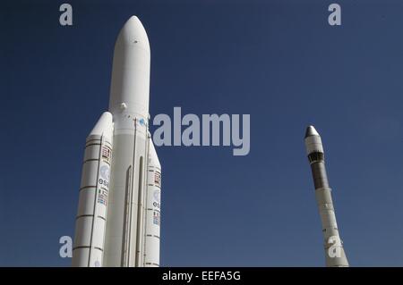Ariane rockets on display at the Museum of aerospace at the airport in Paris Le Bourget Stock Photo
