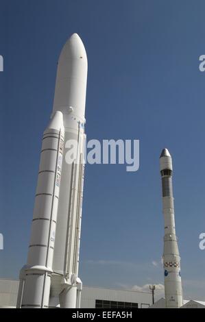 Ariane rockets on display at the Museum of aerospace at the airport in Paris Le Bourget Stock Photo