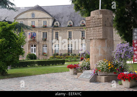 D-Day liberation monument in front of the town hall of Carentan, Normandy, France Stock Photo