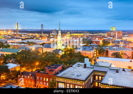 Savannah, Georgia, USA downtown skyline at night. Stock Photo