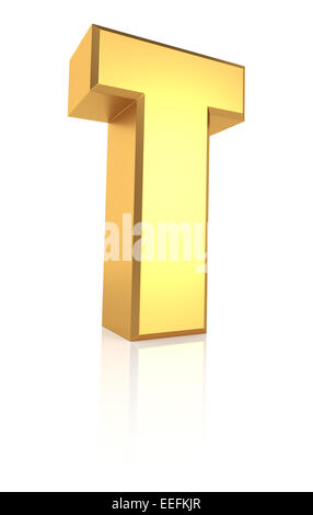 T letter. Gold metal letter on reflective floor. White background. 3d render Stock Photo