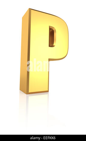 P letter. Gold metal letter on reflective floor. White background. 3d render Stock Photo