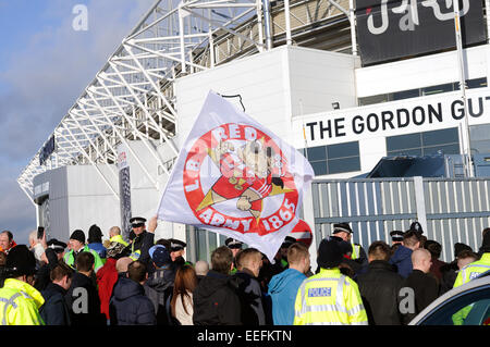 Derby, Derbyshire, UK.17th January 2015.Local East Midland rivals Derby County and Nottingham Forest play a derby match at Ipro stadium today kick off 12.15pm. There is fierce competition between the two clubs with the atmosphere building outside the ground.Derby is sitting second in the league table with Forest going through a bad spell and are mid-league. Credit:  IFIMAGE/Alamy Live News Stock Photo