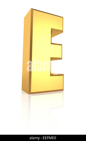 E letter. Gold metal letter on reflective floor. White background. 3d render Stock Photo