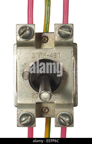 Industrial electrical switch with multi-colored wires isolated on white background. Stock Photo