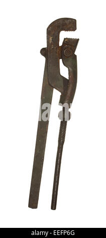 Old rusty pipe wrench isolated on white background. Stock Photo