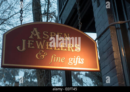 Sign above a jewelry shop in Aspen, Colorado Stock Photo