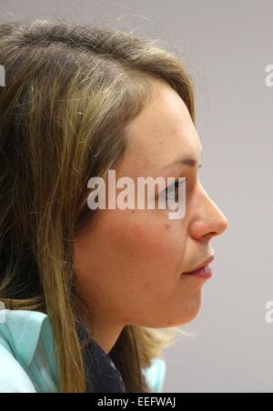 Ruhpolding, Germany. 17th Jan, 2015. The former biathlete and Olympic champion Magdalena Neuner sits at a press conference before the men's 10 km sprint at the Biathlon World Cup in Ruhpolding, Germany, 17 January 2015. Photo: Karl-Josef Hildenbrand/dpa/Alamy Live News Stock Photo