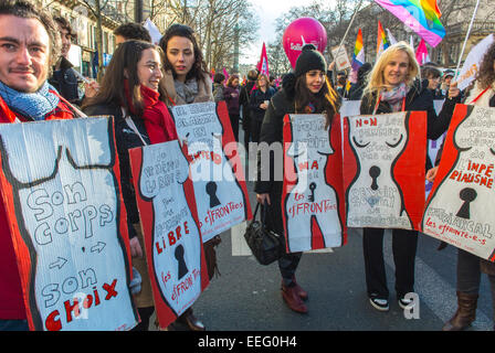 Paris, France, French N.G.O.'s Group, Feminist Demonstration in Honor of  Anniversary of Abortion Law Legalization, Women Rally, Holding Protest Signs 'My Body, My Choice' 'Pro Choice' women's rights movement, women's rights march, pro abortion protests