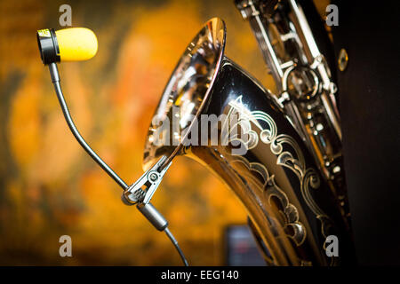 closeup of a Saxophone and microphone Stock Photo