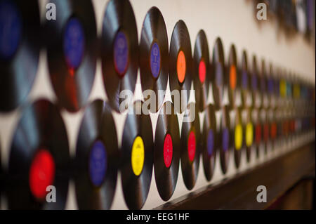 Vinyl record LP's hanging on a wall in the Brewhouse pub Cardiff Stock Photo