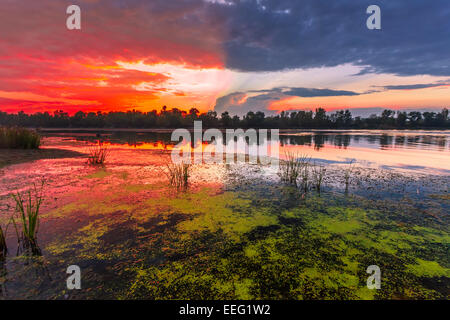 Amazingly colorful sunset with reflective red sand and bright clouds Stock Photo