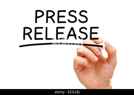 Hand writing Press Release with black marker on transparent wipe board isolated on white. Stock Photo