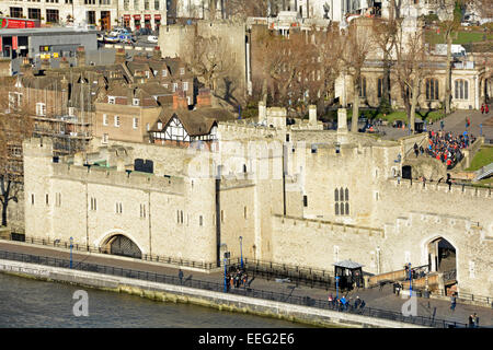 Look down from above on TheTower of London with river entrance to the traitors gate Tower Hamlets London England UK Stock Photo