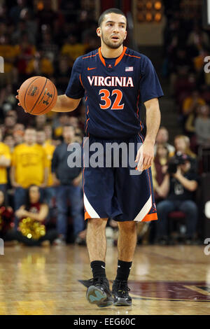 Massachusetts, USA. 17th Jan 2015.  Virginia Cavaliers guard London Perrantes (32) with the ball during the first half of an NCAA basketball game between the Virginia Cavaliers and Boston College Eagles at Conte Forum in Chestnut Hill, Massachusetts. Virginia defeated Boston College 66-51.  Credit:  Cal Sport Media/Alamy Live News Stock Photo