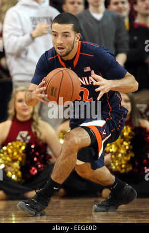 Massachusetts, USA. 17th Jan 2015.  Virginia Cavaliers guard London Perrantes (32) with the ball during the first half of an NCAA basketball game between the Virginia Cavaliers and Boston College Eagles at Conte Forum in Chestnut Hill, Massachusetts. Virginia defeated Boston College 66-51.  Credit:  Cal Sport Media/Alamy Live News Stock Photo