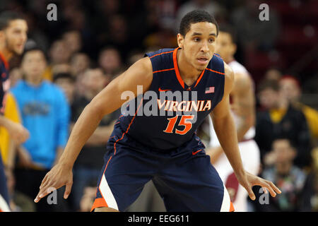 Massachusetts, USA. 17th Jan 2015.  Virginia Cavaliers guard Malcolm Brogdon (15) defends during the first half of an NCAA basketball game between the Virginia Cavaliers and Boston College Eagles at Conte Forum in Chestnut Hill, Massachusetts. Virginia defeated Boston College 66-51.  Credit:  Cal Sport Media/Alamy Live News Stock Photo