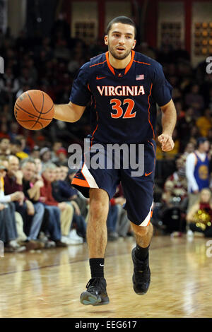 Massachusetts, USA. 17th Jan 2015.  Virginia Cavaliers guard London Perrantes (32) with the ball during the first half of an NCAA basketball game between the Virginia Cavaliers and Boston College Eagles at Conte Forum in Chestnut Hill, Massachusetts. Virginia defeated Boston College 66-51.  Credit:  Cal Sport Media/Alamy Live News Stock Photo