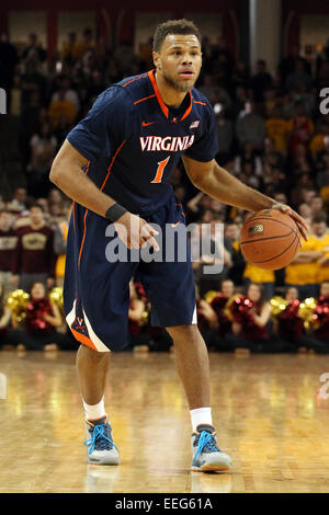 Massachusetts, USA. 17th Jan 2015.  Virginia Cavaliers guard Justin Anderson (1) with the ball during the first half of an NCAA basketball game between the Virginia Cavaliers and Boston College Eagles at Conte Forum in Chestnut Hill, Massachusetts. Virginia defeated Boston College 66-51.  Credit:  Cal Sport Media/Alamy Live News Stock Photo