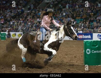 Denver, Colorado, USA. 17th Jan, 2015. NATALIE BLAND of Boyd, TX. rounds her last Barrel during the PRCA Barrel Race event at the National Western Stock Show Saturday afternoon. Credit:  Hector Acevedo/ZUMA Wire/Alamy Live News Stock Photo