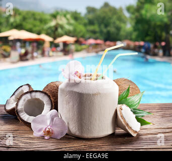 Coconut water in the nut. Stock Photo