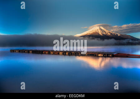 Mount Fuji reflected in Lake Yamanaka at dawn, Japan. Stock Photo