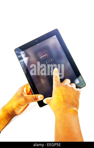 ipad pad security enter passcode pass code password entry access entering using tablet cut out copy space white background Stock Photo