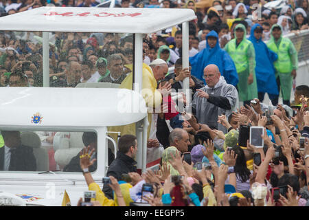Manila, Philippines. 18th Jan, 2018. Pope Francis kisses a child in Quirino Grandstand, Rizal Park in his closing mass on January 18, 2015. The mass was attended by an estimate of 6-7 million people. Photo by Mark Cristino. Credit:  Mark Fredesjed Cristino/Alamy Live News Stock Photo