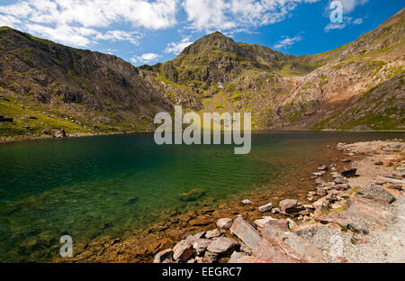 Glaslyn from the Miners Track, with the pointed peak of Snowdon in the Snowdonia National Park. Stock Photo
