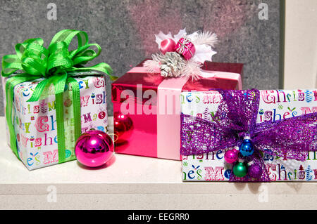 Close up of prettily wrapped Chistmas presents in modern themes and colours Stock Photo