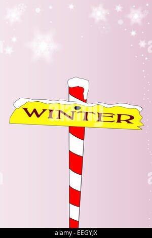 A signpost with the legend winter with a winter scene behind Stock Photo