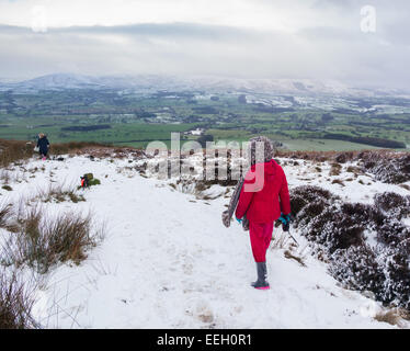 Longridge Fell, Forest of Bowland, Lancashire, UK. 18th Jan 2015. Weather news. A cold day out on the fells in the Forest of Bowland. The snow in the forest and on the fell makes a picturesque scene. Credit: Gary Telford/Alamy live news Stock Photo