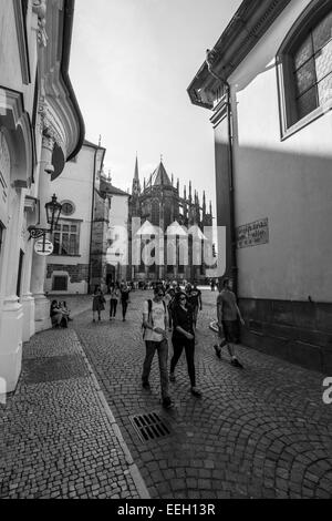 PRAGUE, CZECH REPUBLIC - SEPTEMBER 19, 2014: Prague Castle. In the background St. Vitus Cathedral. Black and white. Stock Photo
