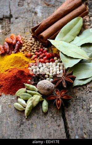 Herbs and spices selection, on wooden table background Stock Photo