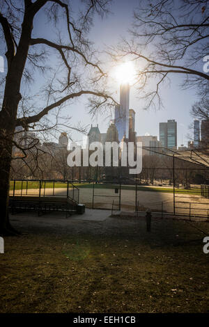 The  90 story luxury tower One57, center, on West 57th Street in Midtown Manhattan in New York is seen casting its shadow over Central Park on Saturday, January 17, 2015. A record has been set with the an undisclosed buyer purchasing a duplex in the luxury tower for the uber-rich for $100,471,452.77. The buyer purchased the 89th and 90th floors on the over 1000 foot tall residential building. (© Richard B. Levine) Stock Photo