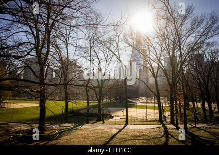 The  90 story luxury tower One57, center, on West 57th Street in Midtown Manhattan in New York is seen casting its shadow over Central Park on Saturday, January 17, 2015. A record has been set with the an undisclosed buyer purchasing a duplex in the luxury tower for the uber-rich for $100,471,452.77. The buyer purchased the 89th and 90th floors on the over 1000 foot tall residential building. (© Richard B. Levine) Stock Photo