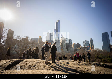 The  90 story luxury tower One57, center, on West 57th Street in Midtown Manhattan in New York is seen from Central Park on Saturday, January 17, 2015. A record has been set with the an undisclosed buyer purchasing a duplex in the luxury tower for the uber-rich for $100,471,452.77. The buyer purchased the 89th and 90th floors on the over 1000 foot tall residential building. (© Richard B. Levine) Stock Photo