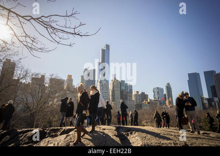 The  90 story luxury tower One57, center, on West 57th Street in Midtown Manhattan in New York is seen from Central Park on Saturday, January 17, 2015. A record has been set with the an undisclosed buyer purchasing a duplex in the luxury tower for the uber-rich for $100,471,452.77. The buyer purchased the 89th and 90th floors on the over 1000 foot tall residential building. (© Richard B. Levine) Stock Photo